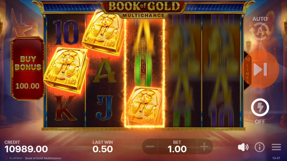Three golden Book scatter symbols landing on the grid before the Free Spins trigger in Book of Gold: Multichance
