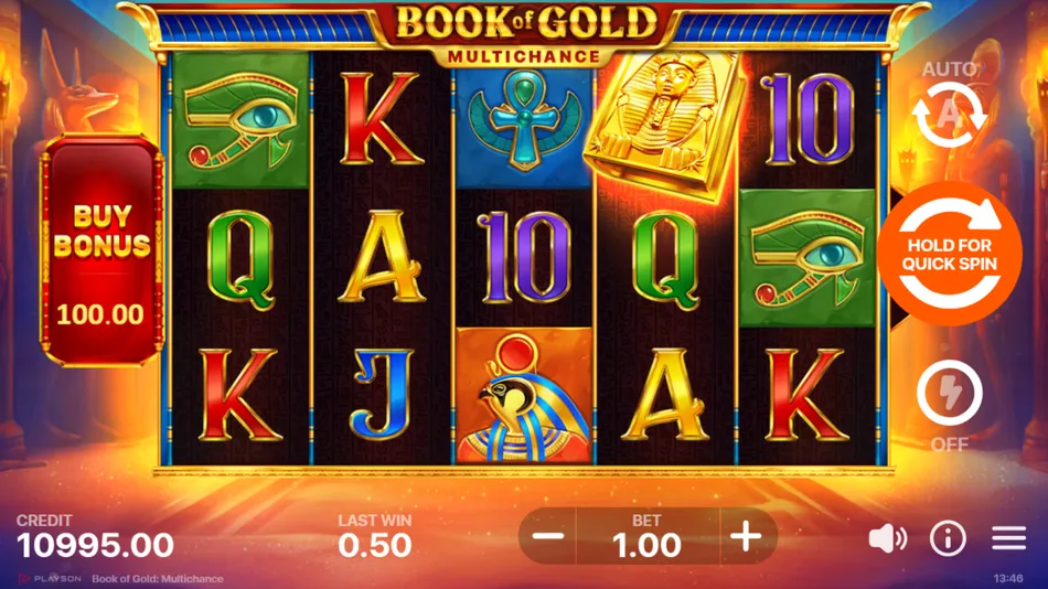 Book of Gold: Multichance base game grid with golden Book Wild symbol on reel 3